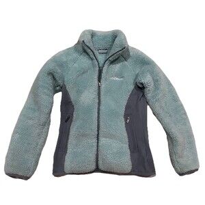 COLUMBIA Jacket Womens XS Green Gray Sherpa Fleece Long Sleeve Full Zip Nice!